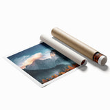 Stunning rolled canvas print showcasing a serene mountain landscape design in vibrant colors, ideal for home decor, shipped securely in a protective cardboard tube.