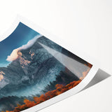 Stunning rolled canvas print showcasing a serene mountain landscape design, featuring layered peaks in vibrant blues and greens, ideal for home decor.