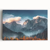 Stretched canvas wall art showcasing a vibrant mountain landscape design with rich colors and intricate details, perfect for home decor and nature enthusiasts.