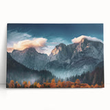 Stretched canvas wall art showcasing a serene mountain landscape with soft pastel colors, perfect for modern home decor. Ideal for creating a calming atmosphere.