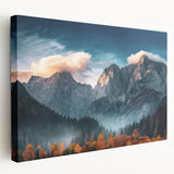 Stretched canvas wall art showcasing a vibrant mountain landscape design with rich colors and intricate details, perfect for home decor. Ideal for nature lovers.