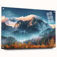 Acrylic glass wall art collection showcasing a stunning mountain landscape design in vibrant colors, featuring a side view with decorative pins for display. Perfect for enhancing modern home decor.