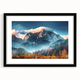 Framed wall art collection showcasing a stunning mountain landscape design with a black frame and mat, perfect for home decor and interior styling.