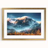 Framed wall art featuring a stunning mountain landscape design, showcasing vibrant colors in a gold frame with a mat, perfect for home decor or office aesthetics.
