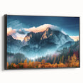 Framed canvas wall art showcasing a stunning mountain landscape design with a black frame, perfect for adding a serene touch to modern home decor.