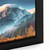 Framed canvas art showcasing a stunning mountain landscape with vibrant colors, perfect for home decor, emphasizing natural beauty and tranquility.