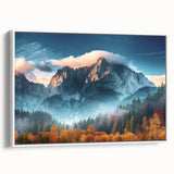 Framed canvas wall art depicting a serene mountain landscape design, with a white frame and side view showcasing its elegant presentation, perfect for home decor.