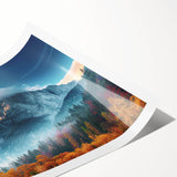 Stunning wall art print showcasing vibrant mountain landscapes with a mix of blues, greens, and earthy tones, ideal for modern home decor or office spaces.