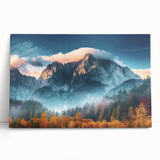 Stretched canvas wall art featuring a serene mountain landscape with rich green forests and a clear blue sky, ideal for adding tranquility to any room decor.