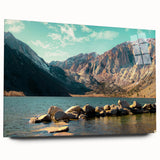 Acrylic glass wall art collection showcasing a stunning mountain landscape design in vibrant colors, viewed from the side without pins, ideal for modern decor. Perfect for nature lovers and interior design enthusiasts looking to elevate their space.
