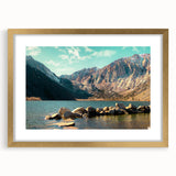 Framed wall art featuring a stunning mountain landscape design, set in a gold frame with a mat, perfect for home decor. Ideal for nature enthusiasts.