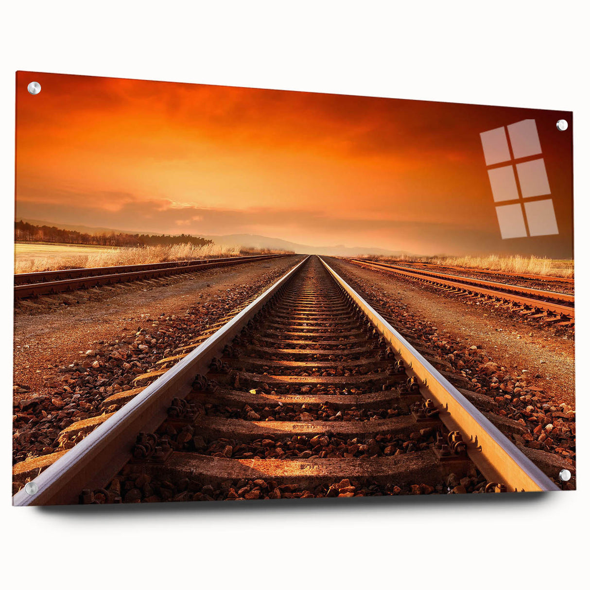 Acrylic glass wall art design showcasing a scenic landscape with railroads, featuring vibrant colors and a sleek side view, elegantly displayed with pins for hanging.