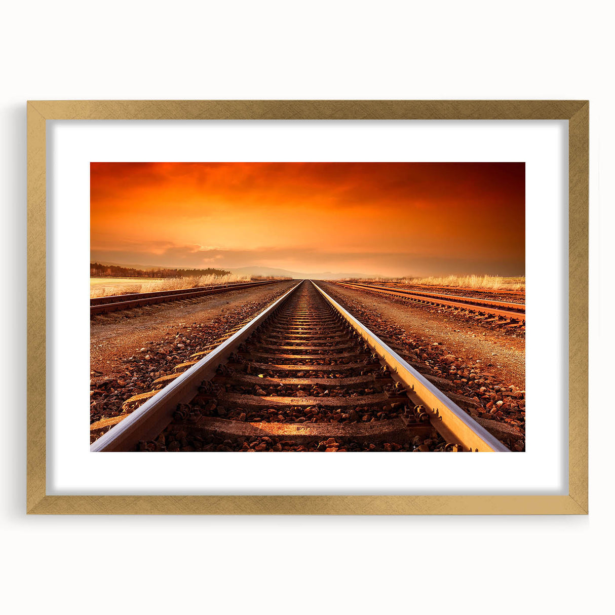 Framed wall art collection featuring a scenic railroad landscape design with gold matting, enhancing home decor with a touch of elegance and nostalgia.