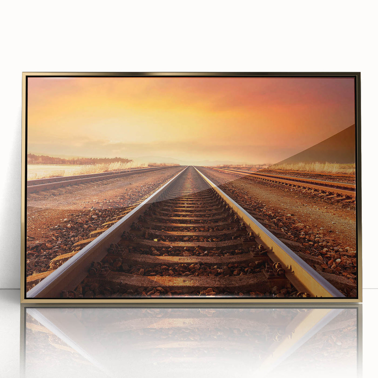 Framed acrylic wall art collection showcasing a scenic railroad landscape design, featuring vibrant colors and a gold frame, ideal for home decor enthusiasts.