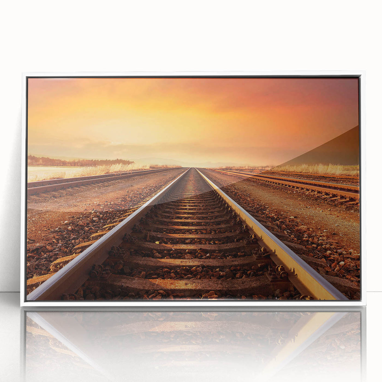 Framed acrylic wall art showcasing a stunning railroad landscape design, featuring vibrant colors and intricate details, set against a sleek white frame for modern decor.