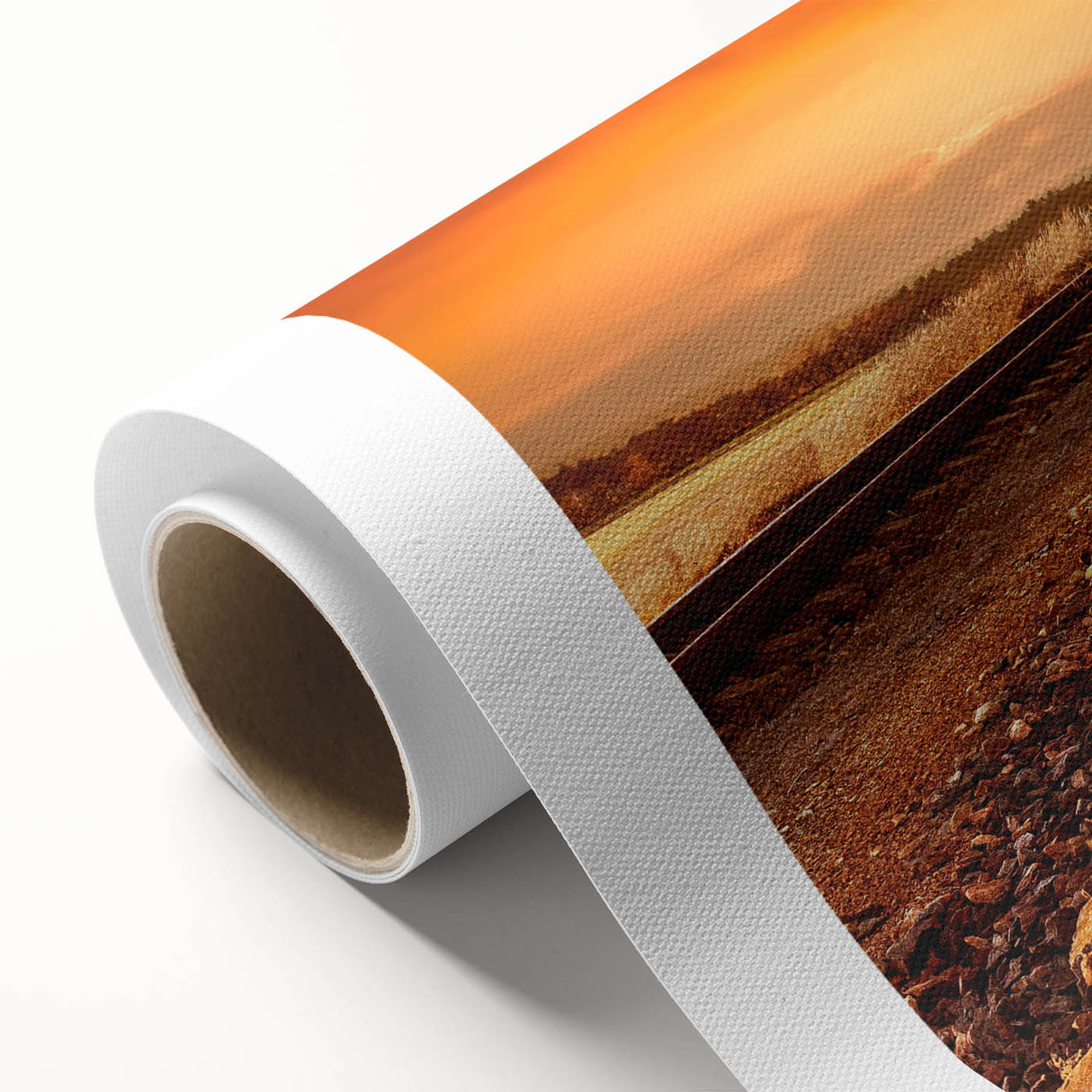 Rolled canvas art showcasing a vibrant landscape with a railroad theme, featuring rich colors and intricate details, perfect for enhancing home decor.