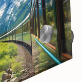 Close-up of a vibrant acrylic glass wall art piece showcasing a railroad landscape design, featuring rich colors and intricate details, perfect for home decor.