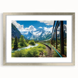 Framed landscape wall art design featuring a railroad theme, elegantly showcased with a silver mat and frame. Ideal for enhancing modern home decor.