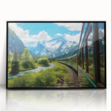 Framed acrylic wall art collection showcasing a scenic railroad landscape design, with a sleek black frame, perfect for home decor enthusiasts who appreciate travel-themed artwork.