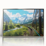 Framed acrylic wall art showcasing a serene landscape with a railroad track, featuring a silver frame that enhances the vibrant colors and details, perfect for home decor.