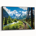 Framed canvas wall art showcasing a stunning railroad landscape design, featuring rich colors and intricate details, presented in a sleek black frame for modern decor.