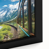 Close-up of a framed canvas wall art piece showcasing a vibrant railroad landscape design, highlighting intricate details and rich colors, ideal for home decor.