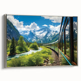 Framed canvas wall art featuring a serene landscape with a railroad, showcasing vibrant greens and blues, elegantly presented with a silver frame, ideal for home decor.