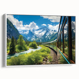 Framed canvas wall art collection showcasing a scenic railroad landscape design with vibrant colors and detailed textures, displayed in a sleek white frame, enhancing home decor.