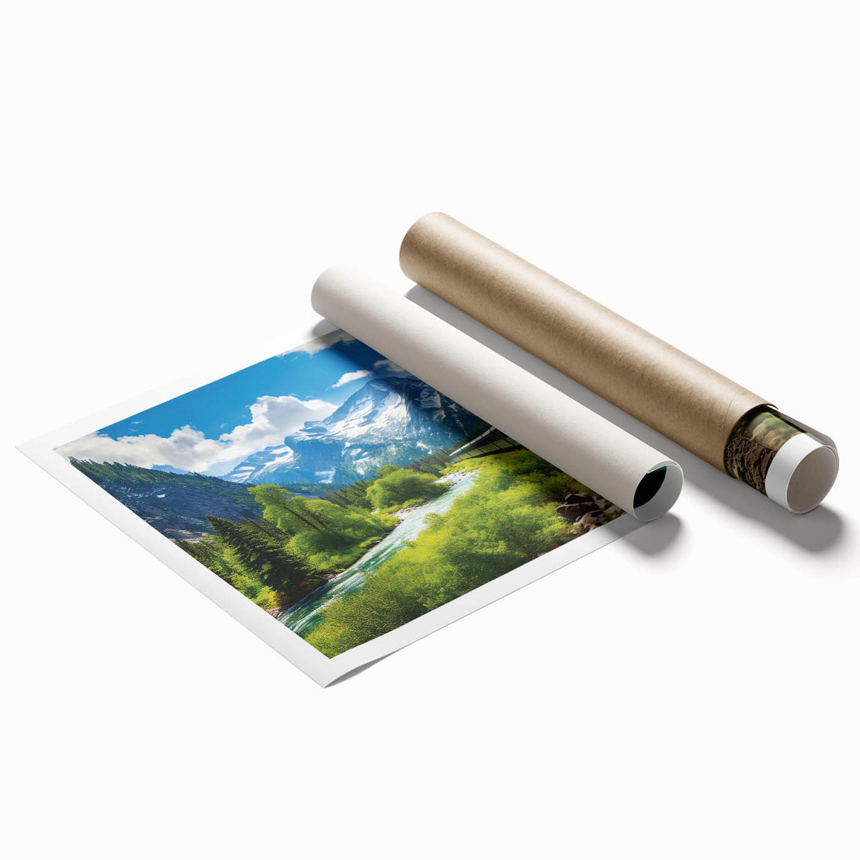 Rolled print showcasing a vibrant landscape featuring a railroad scene with lush greenery and a clear blue sky, designed to enhance home decor and evoke tranquility.