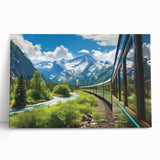Stretched canvas artwork showcasing a vibrant railroad landscape design, featuring bold colors and intricate details, ideal for enhancing home decor.