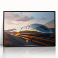 Framed acrylic wall art featuring a vibrant landscape with railroad tracks, set against a dramatic sky. The black frame enhances the artwork's depth, ideal for modern decor.