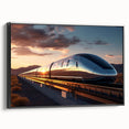 Framed canvas wall art showcasing a modern railroad landscape design in black and white, set against a sleek black frame, perfect for contemporary home decor.
