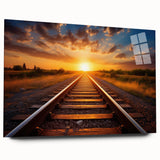 Acrylic glass wall art collection showcasing a vibrant railroad landscape design in a side view, highlighting the artwork's intricate details and vivid colors. Ideal for modern home decor, this piece enhances any space with its captivating imagery.