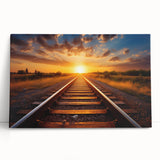 Stretched canvas wall art showcasing a vibrant landscape with railroad tracks, leaning against a textured wall, perfect for home decor and art enthusiasts.