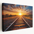 Stretched canvas wall art showcasing a vibrant railroad landscape design, featuring rich colors and intricate details, perfect for home or office decor.