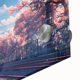 Close-up of a vibrant acrylic glass wall art piece featuring a railroad landscape design, showcasing intricate details and rich colors, perfect for home decor.