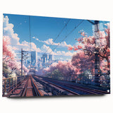 Acrylic glass wall art collection showcasing a vibrant landscape with intricate railroad designs, displayed from a side view, emphasizing colorful details and artistic pins.