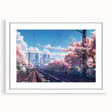 Framed wall art featuring a scenic railroad landscape design with a white mat, showcasing vibrant colors and detailed textures, perfect for home decor.