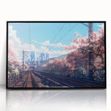 Framed acrylic wall art featuring a scenic railroad landscape in vibrant colors, showcasing detailed tracks and lush greenery, ideal for home or office decor.