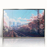 Framed acrylic wall art showcasing a stunning railroad landscape design featuring vibrant colors and intricate details, perfect for enhancing modern decor.