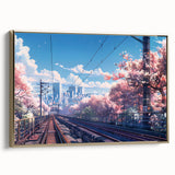 Framed canvas wall art showcasing a vibrant landscape and railroad design, featuring a gold frame, ideal for enhancing home decor. Perfect for art lovers seeking unique wall accents.