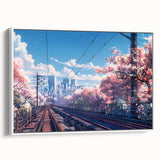 Framed canvas wall art showcasing a serene railroad landscape design, featuring vibrant colors and intricate details, ideal for home decor and art enthusiasts.