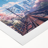 Rolled canvas featuring a vibrant landscape scene with a railroad track, showcasing rich colors and intricate details, ideal for home décor or artistic displays.