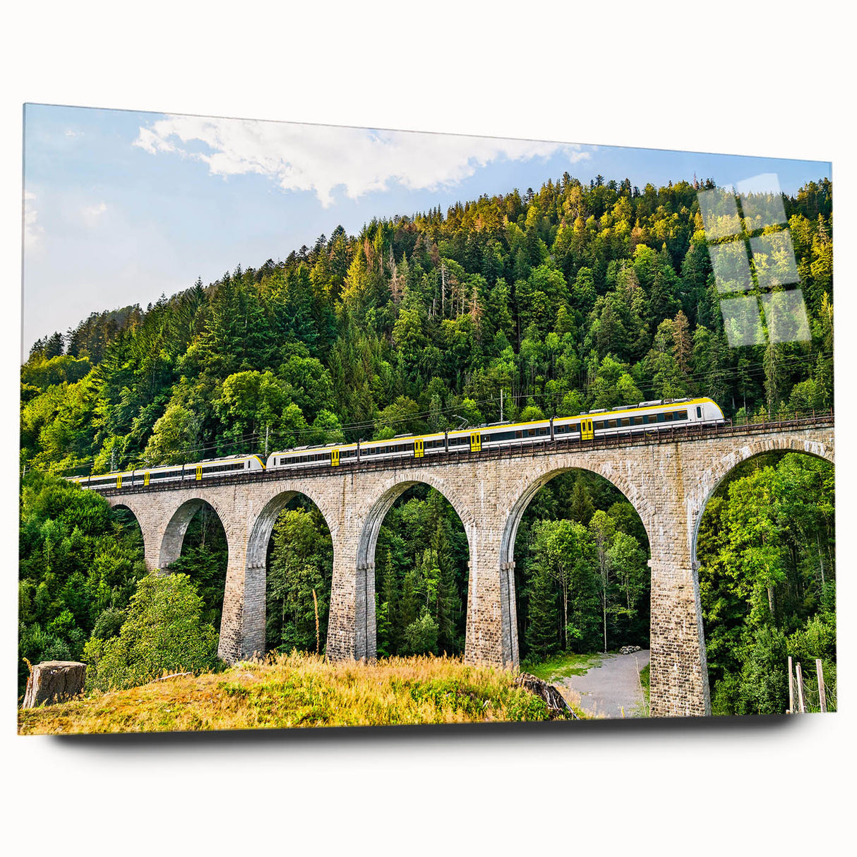 Acrylic glass wall art collection showcasing a vibrant railroad landscape design, featuring rich colors and intricate details, presented in a modern side view without pins.