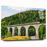 Acrylic glass wall art collection showcasing a vibrant railroad landscape design, featuring rich colors and intricate details, presented in a modern side view without pins.