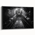 Framed canvas wall art showcasing a serene railroad landscape design, featuring vibrant colors and intricate details, displayed against a black frame, perfect for home decor enhancement.