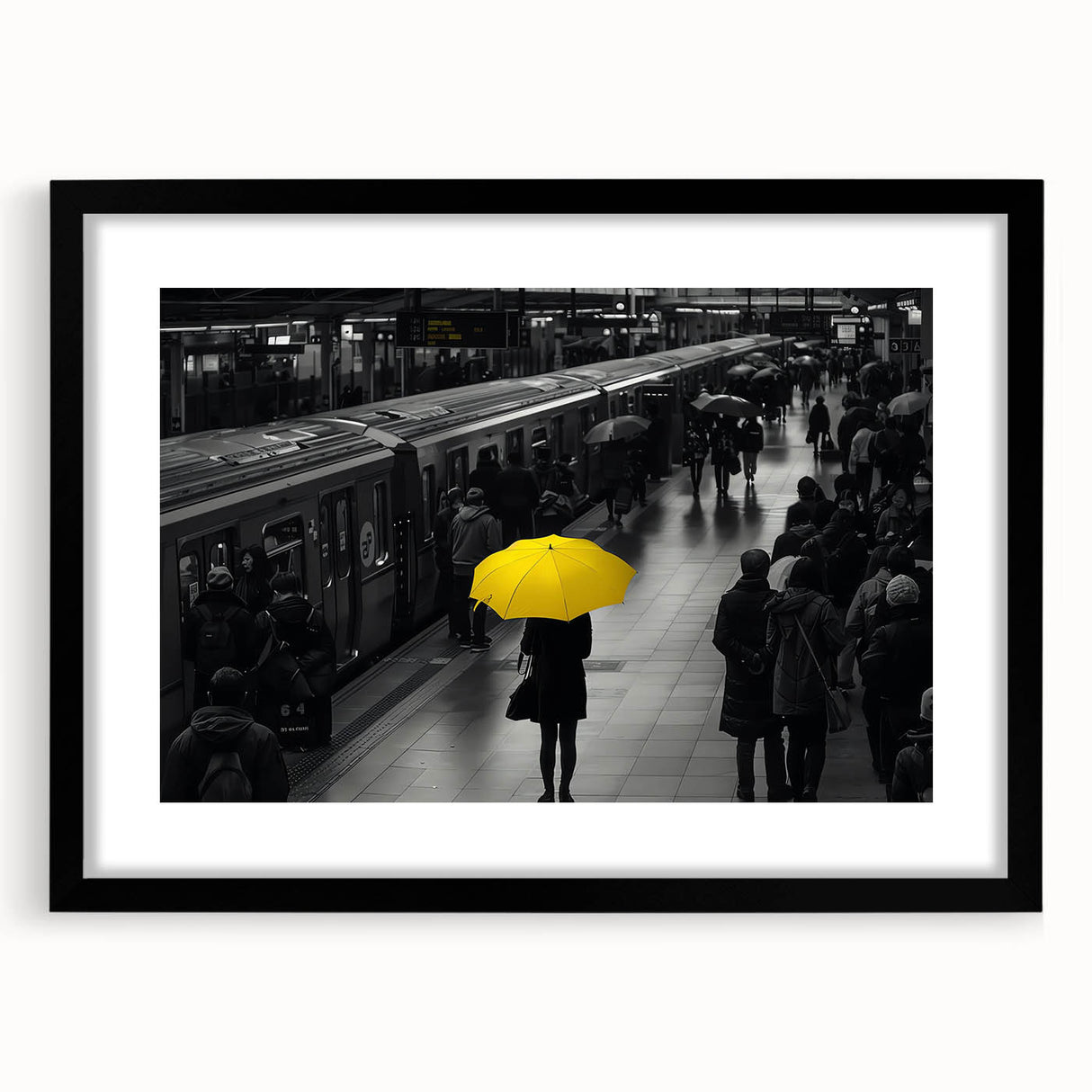 Framed wall art featuring a scenic landscape with railroad tracks, presented in a sleek black frame with a white mat, ideal for home decor or office settings.