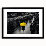 Framed wall art featuring a scenic landscape with railroad tracks, presented in a sleek black frame with a white mat, ideal for home decor or office settings.
