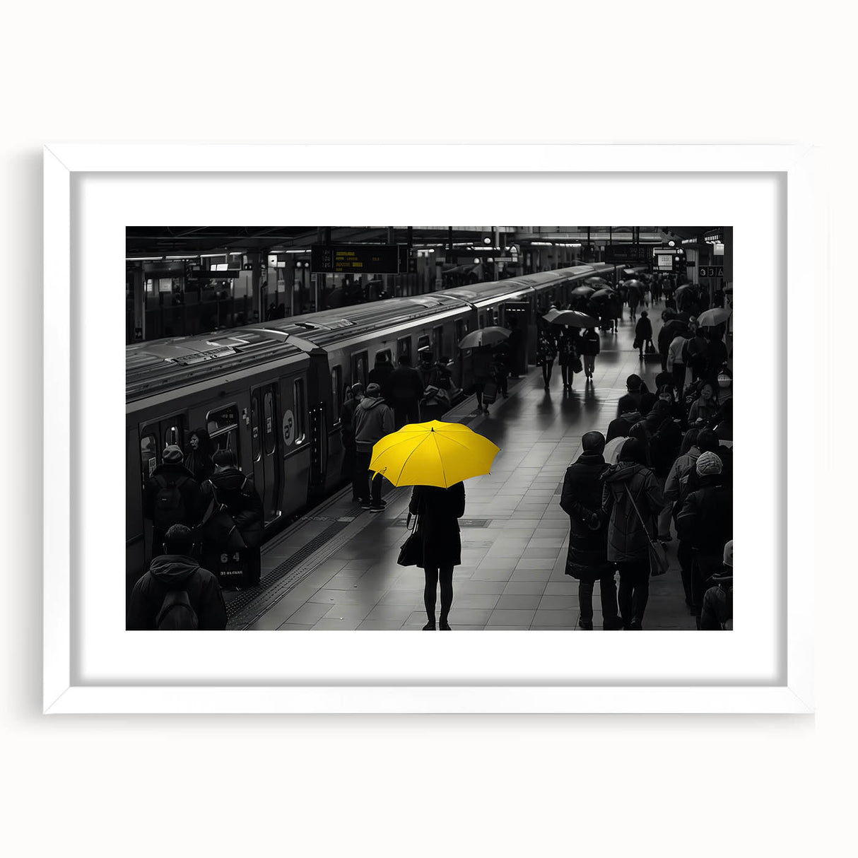 Framed wall art featuring a scenic railroad landscape design in a white mat and frame, perfect for home decor or office aesthetics, enhancing visual appeal.