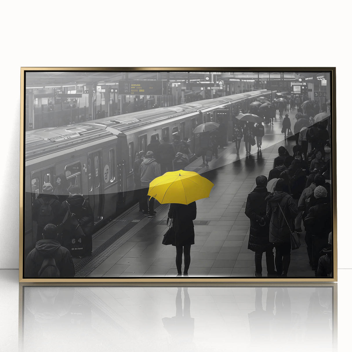 Framed acrylic wall art featuring a striking railroad landscape design in gold tones, elegantly displayed to enhance any modern decor. Perfect for train enthusiasts.